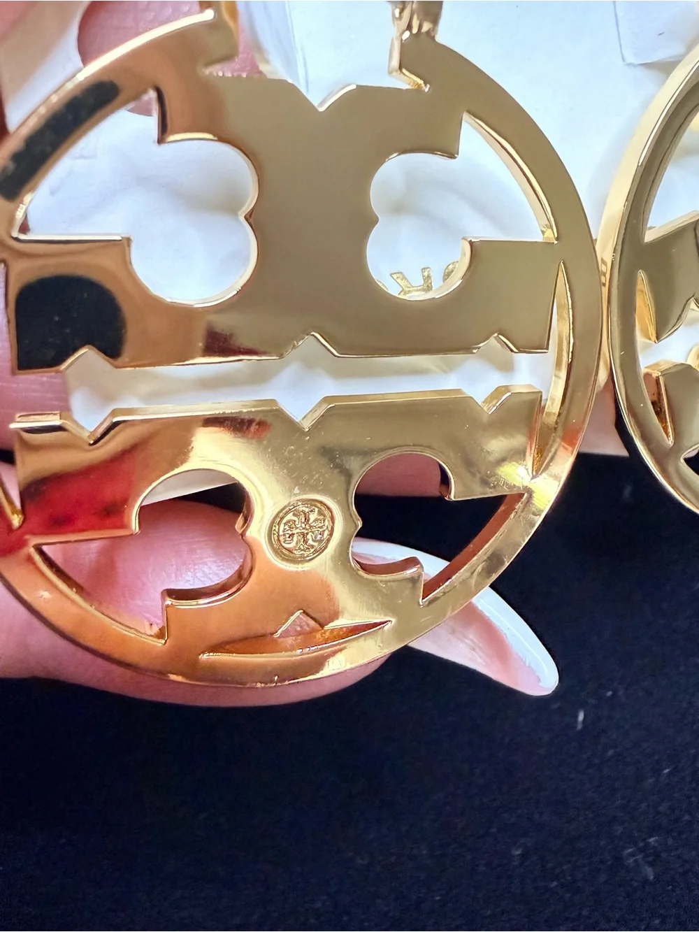 Tory Burch Gold Hoop Earrings with Green Enamel Logo